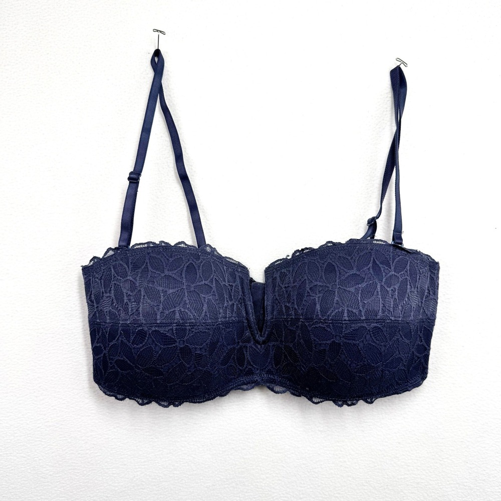 Aerie Navy Blue Floral Lace Deep V Plunge Longline Bralette Size Medium